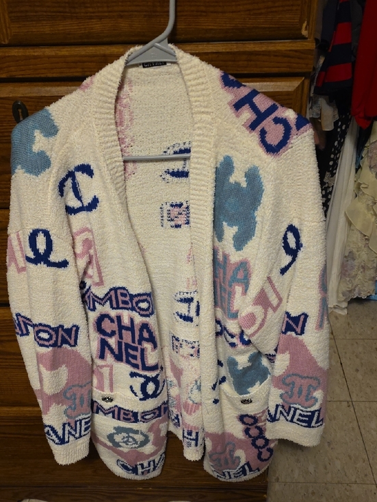 botique Sweaters - Cream Knit Cardigan with Pink & Blue Logo Motifs